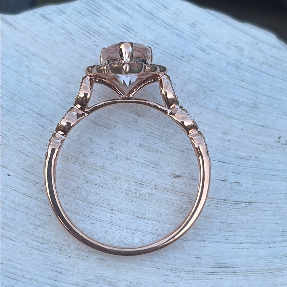Pear Cut 1.25 tcw Morganite & Diamond Ring 14k Rose GP Sterling Silver Size 7 - Picture 10 of 13